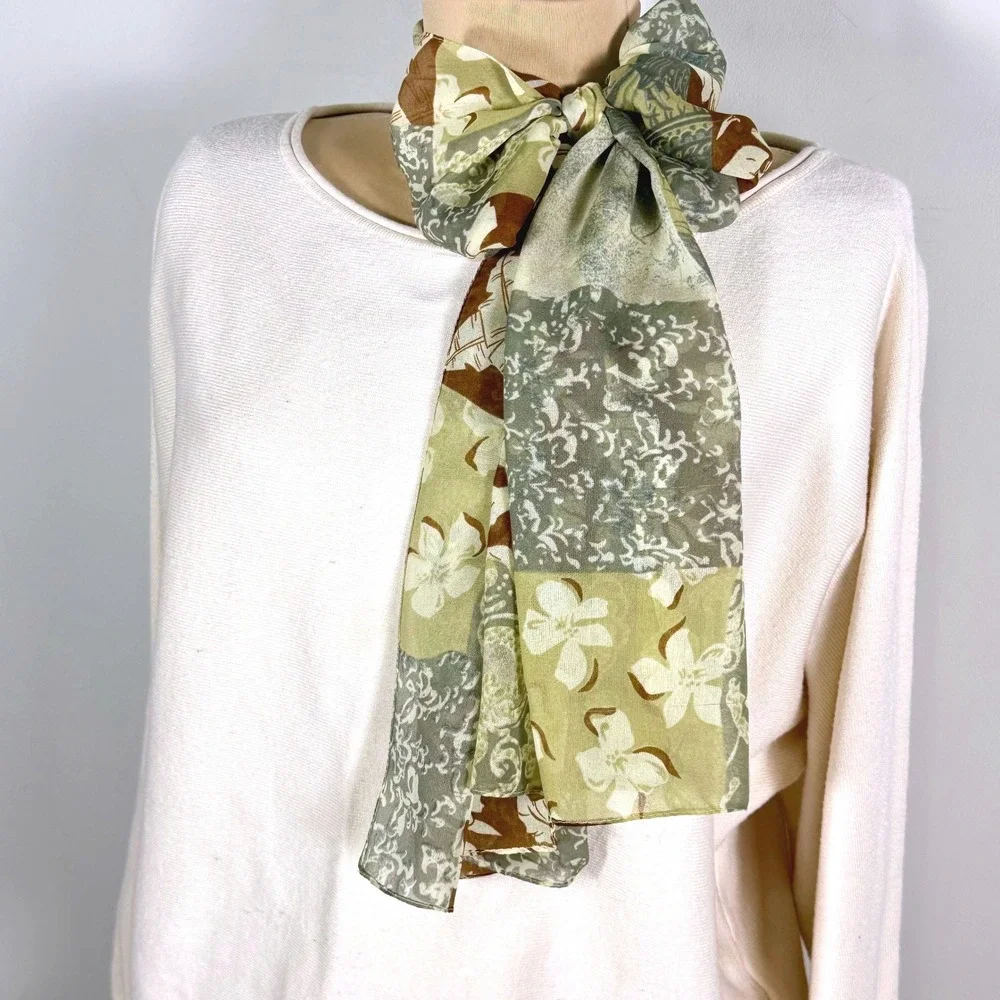 Patchwork Print Silk Scarf Floral Brown‎ Beige Oblong Lightweight Accessory